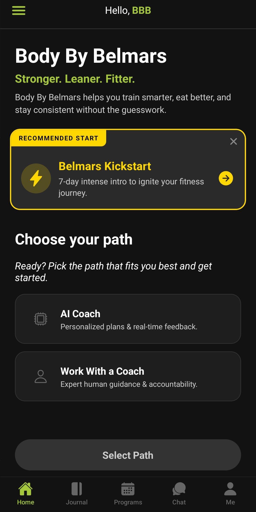 Body By Belmars home screen — Stronger. Leaner. Fitter.