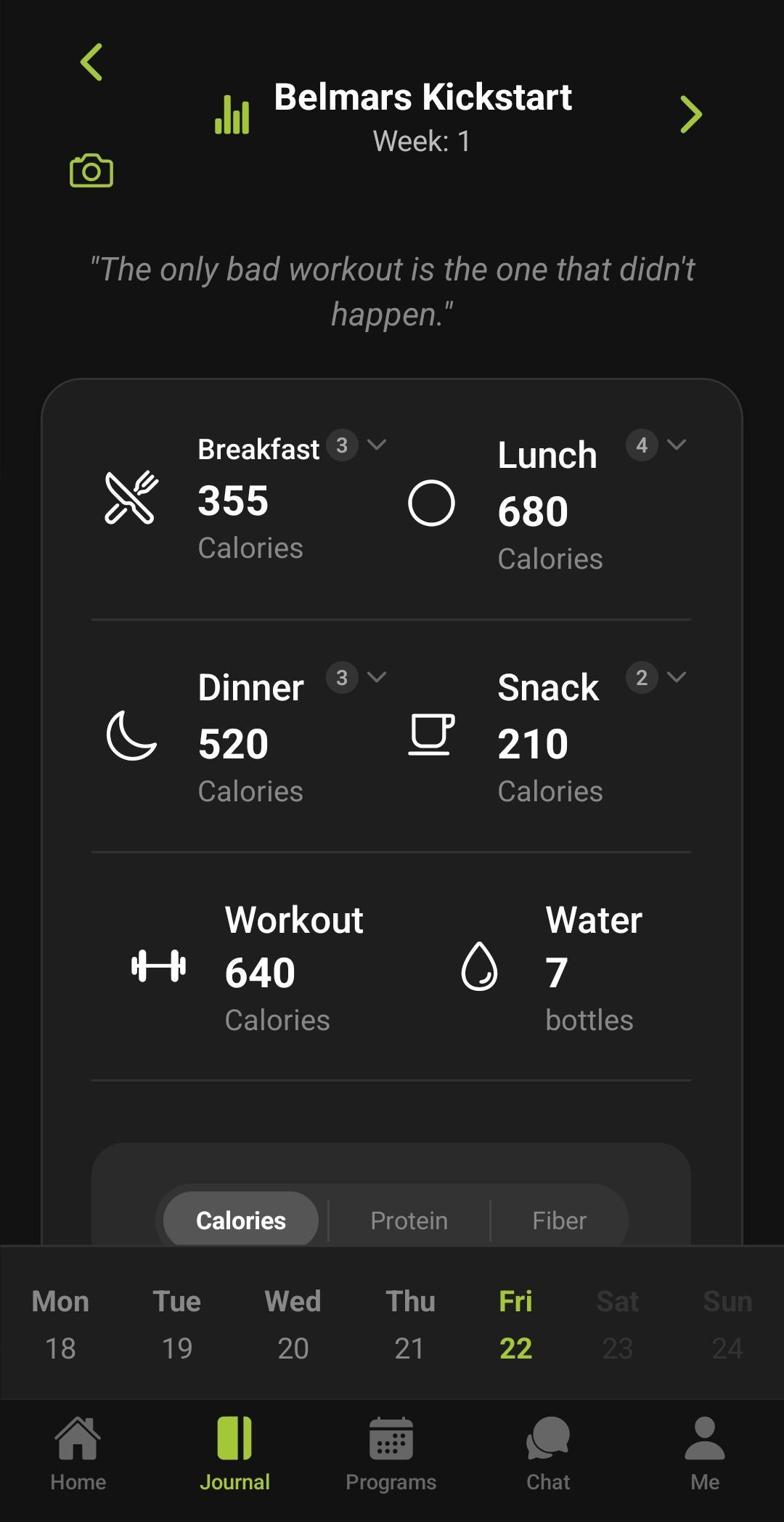 Daily journal — meals, water, workouts
